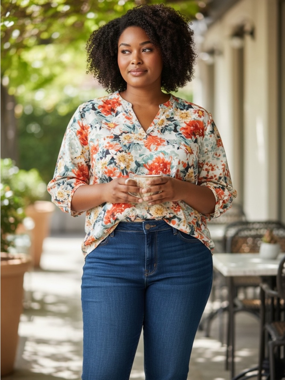 Floral V-Neck Roll-Sleeve Blouse - Cream Orange Green